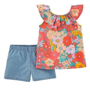 Carter's Girl's 2-Piece Orange Floral Yoke-Neck Top & Chambray Short Set 3M NWT